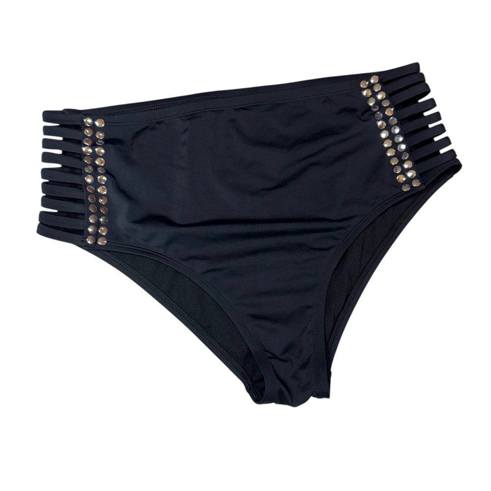 Black High-Waisted Women’s Bikini Bottom with Silver Accents Plus Size 1x -16
